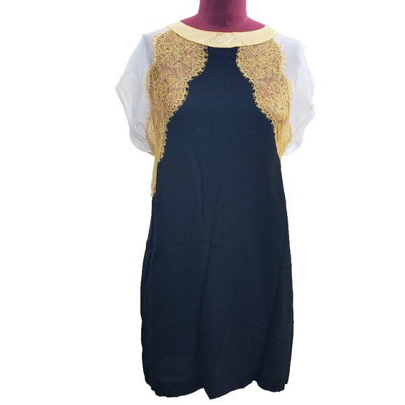 Sandro Dresses & Skirts - Sandro Paris Shift Dress Black Crepe Yellow Lace Cap Sleeve Round Neck Large